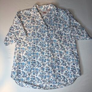 Chic Floral Button Front Shirt Blue White Cotton Blouse Short Sleeve Vintage
